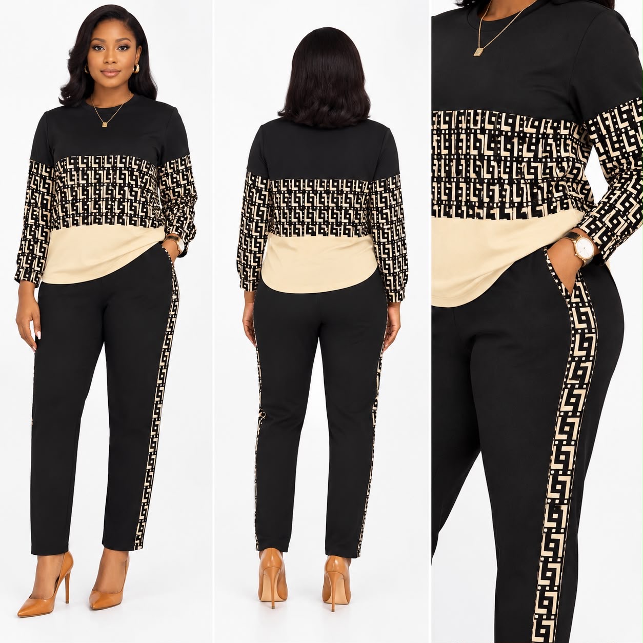 Product Name: Women's Luxury 2-Piece Up and Down Set - Black with Designer Pattern
