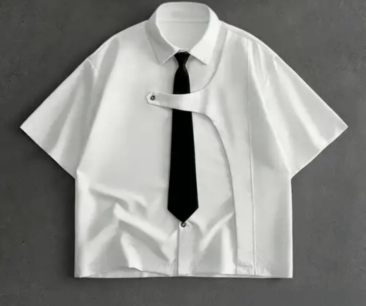 White Short Sleeve Shirt for Men, Back to School Preppy Style Design Short Sleeve Uniform Shirt with Detachable Tie